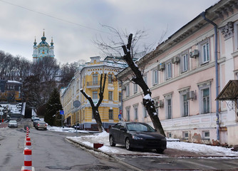 View of the ancient St. Andrew's Church from Podil in Kiev in the winter