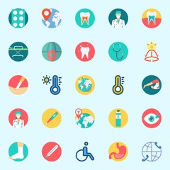 Fototapeta premium Icons set about Medical with stretcher, yoga, thermometer, water, visibility and surgeon