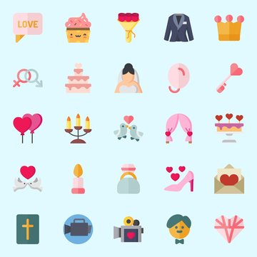 Icons set about Wedding with engagement ring, wedding cake, bride, love, key and balloons