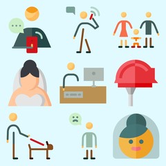 Icons set about Human with sad man, responsibility, bride, worker, family and child