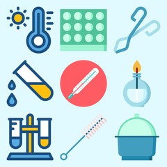 Icons set about Laboratory with lab, thermometer, test tube, crucible, separator funnel and burner