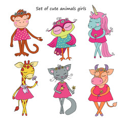 Collection of Cute animals with closed eyes in pink dress