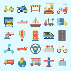 Icons set about Transportation with steering wheel, road block, train, sport  car, gas station and sail boat