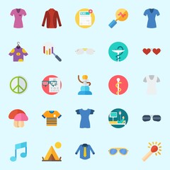 Icons set about Hippies with pacifism, shirt, pipe, note, patient and shisha