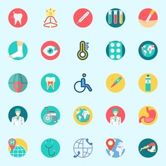 Icons set about Medical with wheelchair, test tubes, mystical, sprain, tooth and teeth