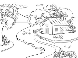 Summer landscape coloring book vector