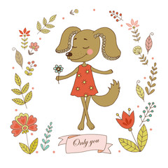 Cute dog with vintage frame for your design in doodle style.