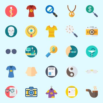 Icons set about Hippies with sunglasses, yin-yang, photo camera, pipe, pharmacy and search