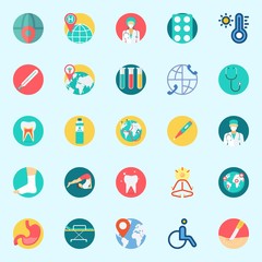 Icons set about Medical with stretcher, surgeon, yoga, surgery, wheelchair and thermometer
