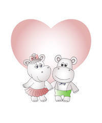Girl and boy funny hippopotamuses and heart speech bubble.