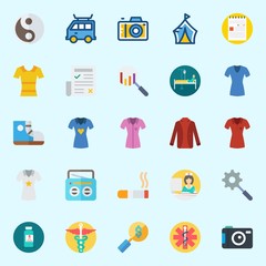 Icons set about Hippies with sneakers, note, pharmacy, smoking, nurse and van