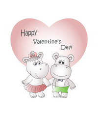 Girl and boy funny hippopotamuses and heart background. Valentine's Day illustration.