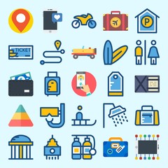 Icons set about Travel with placeholder, pyramid, ticket, skyscraper, suit case and toilet