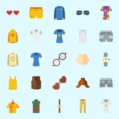 Icons set about Man Clothes with cap, sleeveless, short, vest, sunglasses and watch