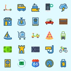 Icons set about Travel with tower, scooter, car, shop, pizza and motorbike