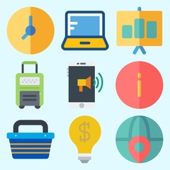 Icons set about Business with smartphone, laptop, presentation, shopping basket, worldwide and info