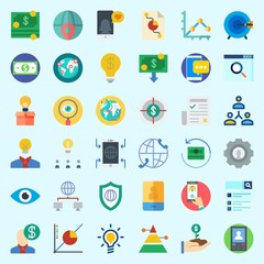Icons set about Marketing with target, line graph, newspaper, salesman, worldwide and pyramid
