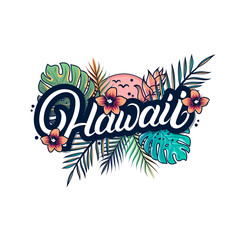 Hawaii hand written lettering with palm