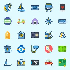 Icons set about Travel with sailboat, plane, snorkel, can, wallet and car
