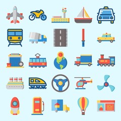 Icons set about Transportation with airplane, cruise ship, helicopter, steering wheel, locomotive and motorbike