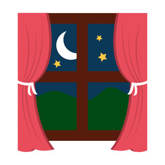 wooden window frame with curtains and mountains moon stars vector illustration