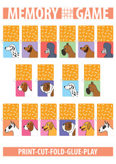 Memory card game with cartoon dogs. Different breeds. Print, cut, fold, glue, play. Vertical. A4 page