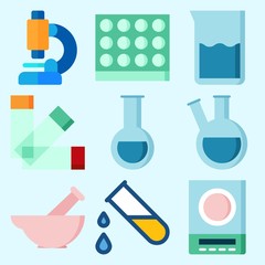 Icons set about Laboratory with flask, measuring, microscope, test tube, beaker and lab