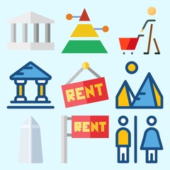 Icons set about Construction with pyramids, for rent, museum, washington monument, pyramid and toilet