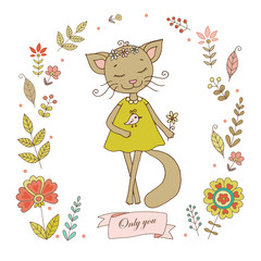 Cute cat with vintage frame for your design in doodle style.
