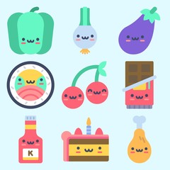 Icons set about Food with sushi, eggplant, ketchup, scallion, chocolate and chicken leg