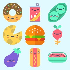Icons set about Food with watermelon, radish, cheese, hot dog, donut and eggplant