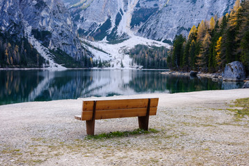 Bench near mountain lake