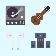 Icons set about Music with earphones, spanish guitar, guitar, sound system and turntable