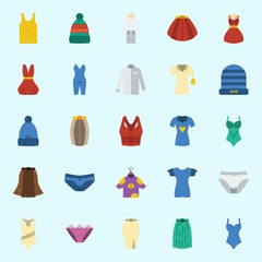 Icons set about Women Clothes with pijamas, dress, winter hat, thank top, shirt and skirt