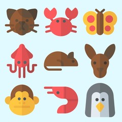 Icons set about Animals with prawn, rat, monkey, cat, squid and butterfly