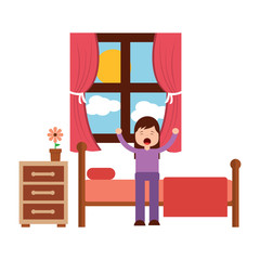 young girl sitting in bed stretching waking up vector illustration