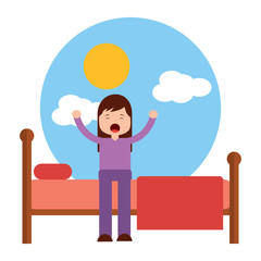 young girl sitting in bed stretching waking up vector illustration