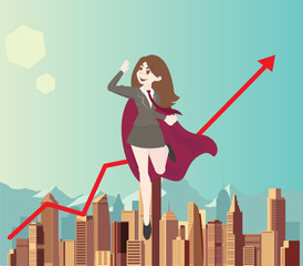Woman superhero flies above the city with arrow