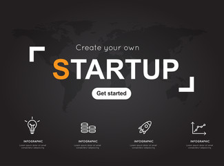 Startup icons with world black map for business