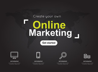 Online marketing icons with world black map for business