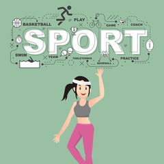 Woman athlete with sport icons on green background