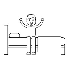 young man waking up sitting on bed with arms stretched vector illustration outline design