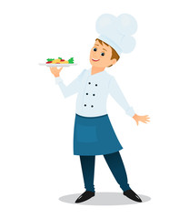 Chef with a plate of dinner. Cartoon style. Vector illustration.