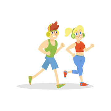 Young man and woman with headphones running in sportswear, active healthy lifestyle cartoon vector Illustration