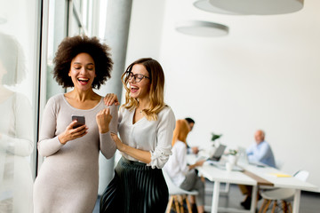 Young multiracial businesswomen smiling, while other businesspeople working in background