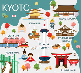 Fototapeta premium Mapa atrakcji Kioto wektorowe i ilustracje.