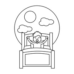 young man waking up sitting on bed vector illustration outline design
