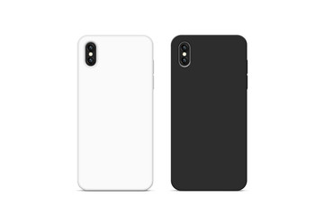 Blank black and white phone case mock up, stand isolated, 3d rendering. Empty smartphone cover...