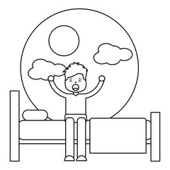 young man waking up sitting on bed vector illustration outline design