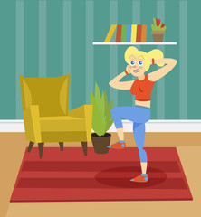 Young woman in sportswear exercising on the background of living room apartment vector illustration, cartoon style
